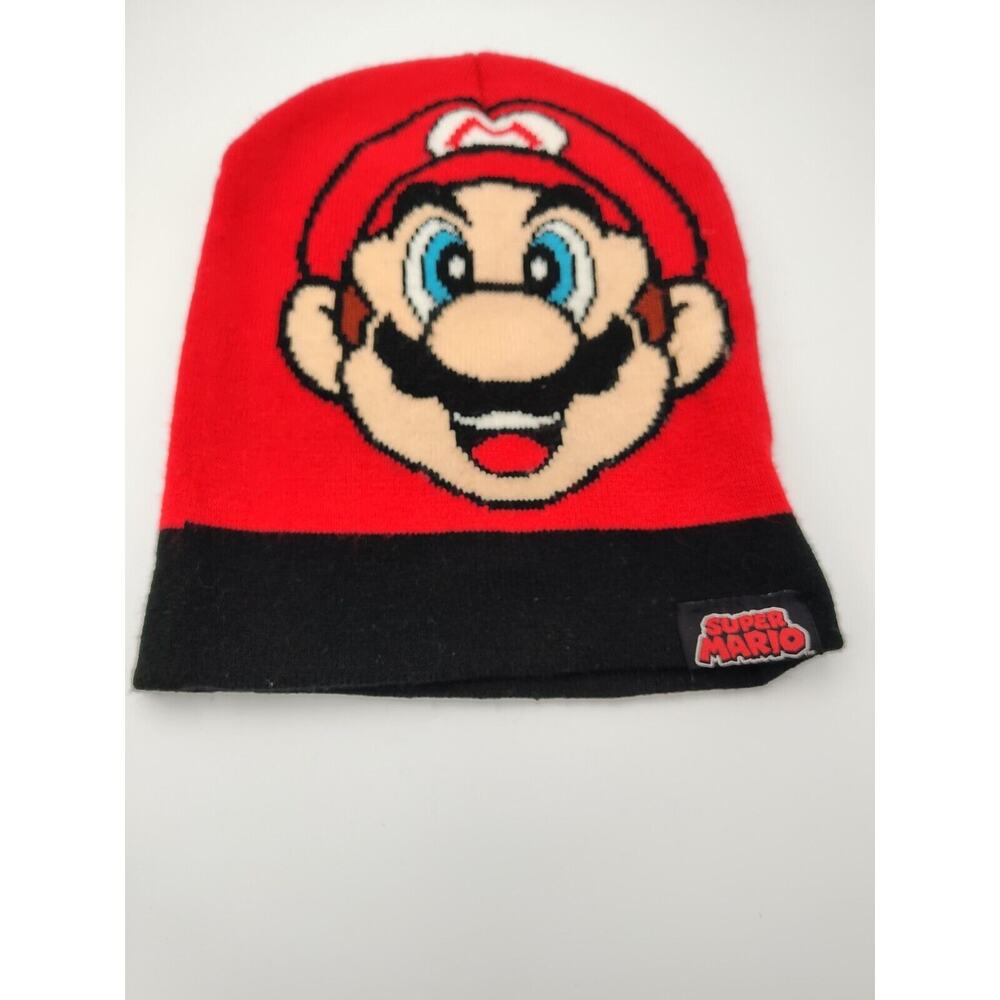 Nintendo Super Mario Face Pom Beanie One Size 2019 Red Black EUC‎